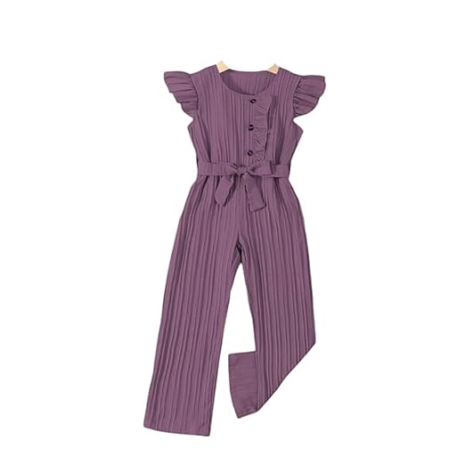 Niren Enterprise Stylish Girls' Pleated Jumpsuit with Ruffle Sleeves, Button-Down Front, and Waist Belt - Comfortable Casual Outfit for Kids