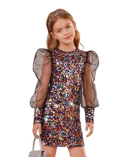 Niren Enterprise Girls Sequin Sparkle Frock with Puffy Mesh Sleeves, Glittery Finish, and Slim Fit Style Party Dress Clothing Dresses