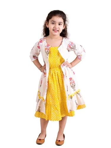 Pspeaches Girls Yellow Striped Cotton Midi Dress With Printed Shrug (Yellow)