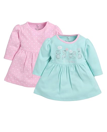 BABY GO Full Sleeve Regular Round Neck A Line Frocks for Baby Girls (Pack of 2) Clothing Dresses