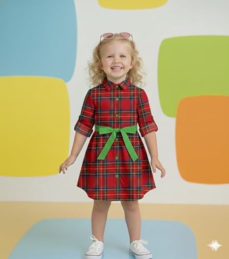A.T.U.N. (ALL THINGS UBER NICE) Girls Cotton Check Shirt Dress | Smart Collar Neck Button Front Style with Belt | Stylish Checked Cotton Kids Dress