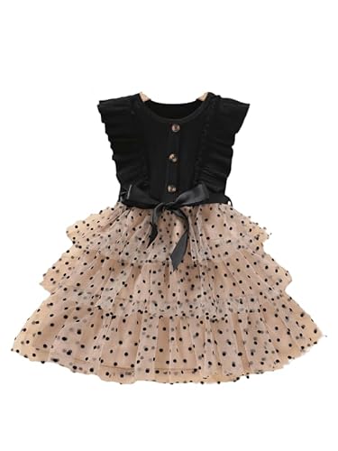 TAGAS Toddler Girls Polka Dot Ruffle Trim Belted Mesh Dress Floral Pattern Frock for Girls (KD-1015) Clothing Dresses