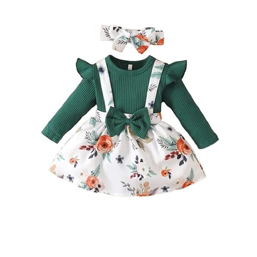 Niren Enterprise Baby Girls Modal Fabric Digital Printed Floral Stretchable Green 2pc Dungaree Dress Clothing Dresses