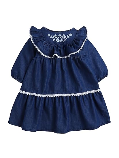 Denim Stylish Casual Dresses for Kids Girls, Aline Dress with Long Sleeves Regular Fit Frock Toddler Outfit, Soft Fancy Midi Clothing Dresses