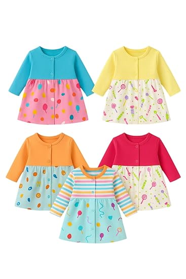 Baby Girls Printed Full Sleeves Cotton Frock Regular Wear Knee Length Midi Dress for Girls Clothes Clothing Dresses