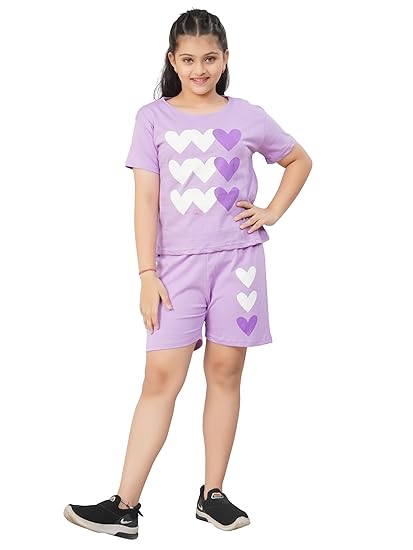 Cotton Half Sleeves Night Suit for Girls | Coord Set with Shorts | Pull-On Style Daywear and Sleepwear | Above Knee Length Soft, Breathable Lounge Set (Lavender) Clothing Dresses