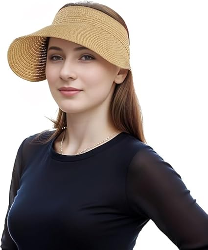 Straw Hat Sun Cap for Women,Wide Brim Beach Hat for Women UV Protection Cap,Summer Packable Topper -UPF 50+, Korean Style Ponytail Topless Sun Visor Accessories Hats