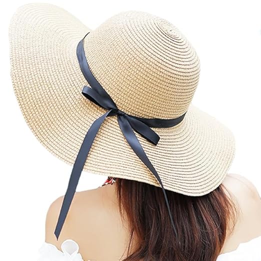 Women's Big Brim Sun Hat - Floppy Foldable Straw Hat with Bowknot for Summer Beach Cream Accessories Hats