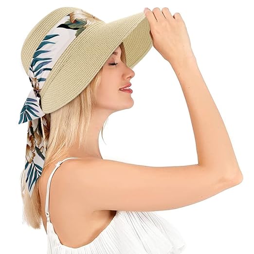 PALAY® Straw Hat Sun Hats for Women, Wide Brim Beach Hat for Women Summer with Printed Ribbon, Fashion UV Protection Visor Cap, Packable Travel Hat for Ladies Gift Accessories Hats