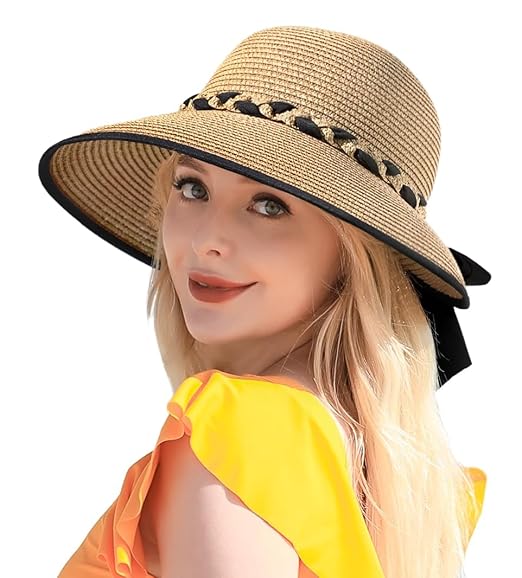 MTRoyaldia Beach Sun Straw Hats for Women, UPF 50+ UV Sun Protection Wide Brim Summer Straw Hat Foldable Packable Roll up Cap Deep Khaki