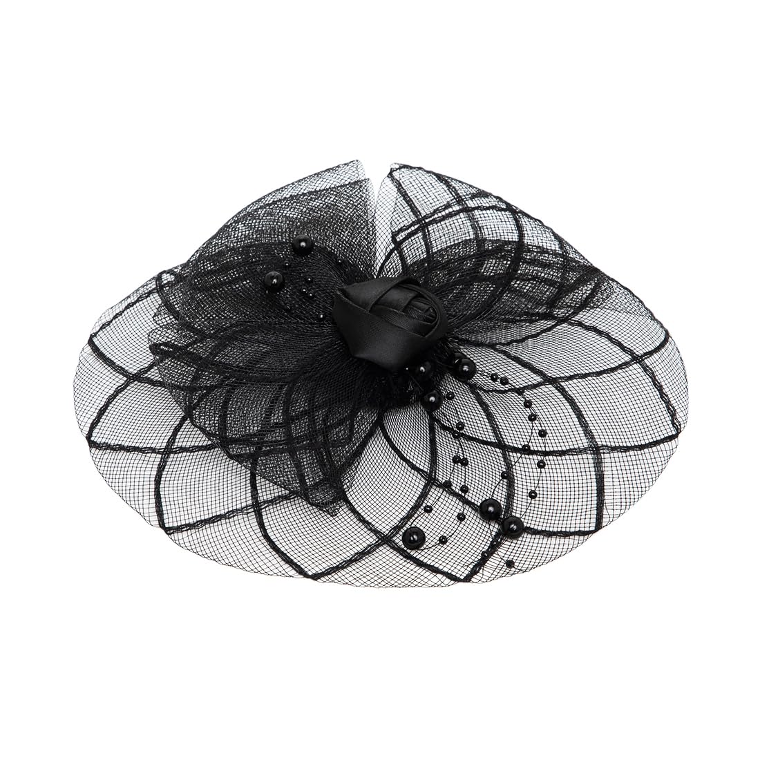 Radhu & Kabby Fascinator Hat for Women | Black Hat with Pearl & Mesh Bow Design | Includes Alligator Clip & Headband | Hair Accessory for Weddings, Parties & Special Occasions | 1-Piece