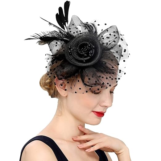 PALAY® Black Fascinator Hats for Women Flower Mesh Feathers Headband Cocktail Tea Party Headwear Vintage Ladies Hair Clip Fascinators Accessories Hats