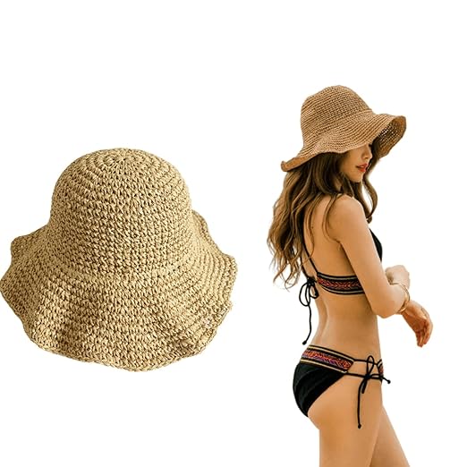 XForce Plaza Folding Straw Hat Women's Summer Outing Sun Visor Holiday Cool Cap Seaside Beach Hat Tide Summer Hats Brown, Medium Accessories Hats
