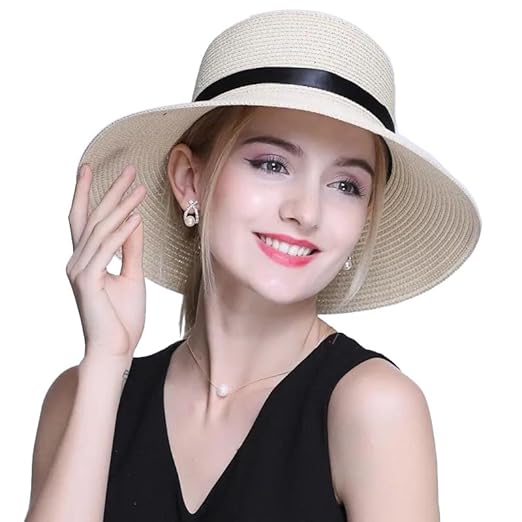 ICW Women Adjustable Bowknot Brim Ribbon Summer Beach Straw Sun Hat Caps for Girls UV Protection SPF 50+ Accessories Hats