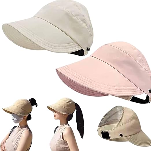 Women Cotton Sun Hats, Wide Brim Visor Hat, UV Sun Protection Golf Cap with Retractable Side Brim, Fashion Breathable Hat for Beach Fishing Tennis Running, Beige, Free Size Accessories Hats