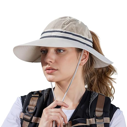 SANNIDHI® Hiking Hat Mesh Sun Hat Wide Brim Beach Hat Lightweight Quick Dry Mesh Sun Hat UPF 50+ Sun Protection Sun Visor Hat Ponytail-Friendly Outdoor Sun Cap for Women Beige Accessories Hats