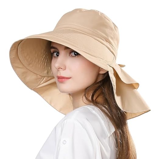 SANNIDHI® Polyester Sun Hats For Women Girls Fashion Wide Brim Hat Sun Uv Protection Summer Hats With Ponytail Hole Back Neck Flap Cover Cap Beach Hat For Women-Beige, Free Size Accessories Hats
