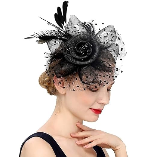 Fascinator Hats for Women Flower Mesh Feathers Headband Cocktail Tea Party Headwear Vintage Ladies Hair Clip (Black) Accessories Hats