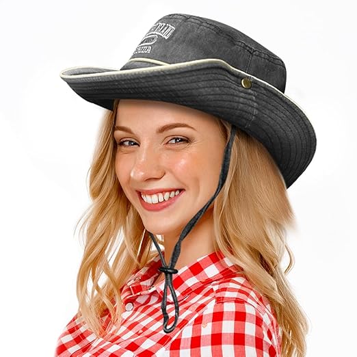 Zibuyu® Cowboy Hats for Men and Women Wide Brim Summer Sun Protection Bucket Hat with Adjustable Windproof Chin Strap, Round Sun Cap for Hiking, Fishing, Travel, Outdoor Adventures - Black Accessories Hats