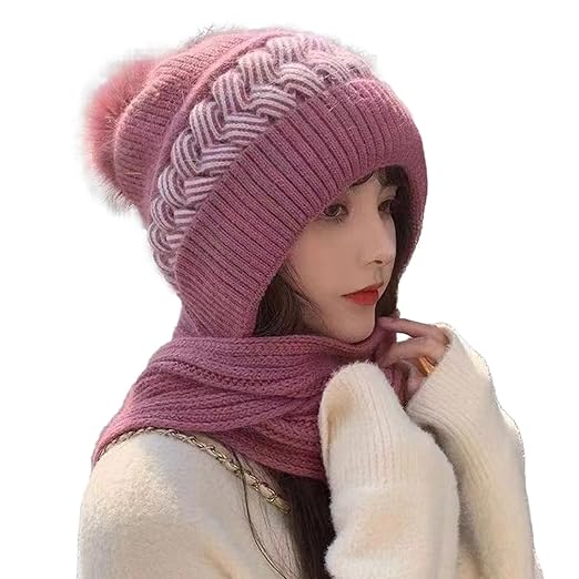 SYGA Women Winter Knitted Warm Hat with Scarf,Ear Protection Pompom Woolen Hat for Adult Accessories Hats