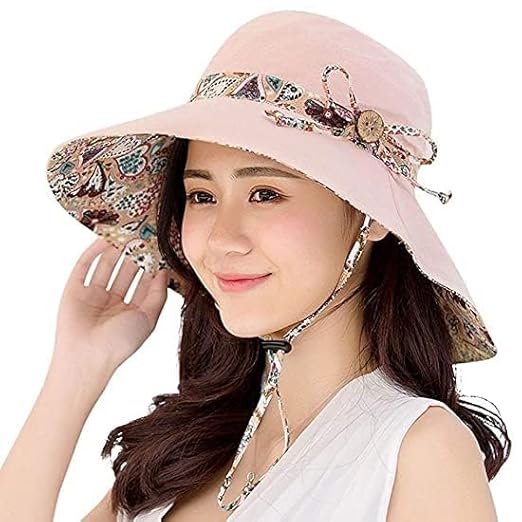 Alexvyan Women Polyester Pink Round Hat Reversable Designer Sunvisor Hats UV Protection Wide Brim Summer Cap Casual Beach, Safari Sun Protection Cap, One size Accessories Hats