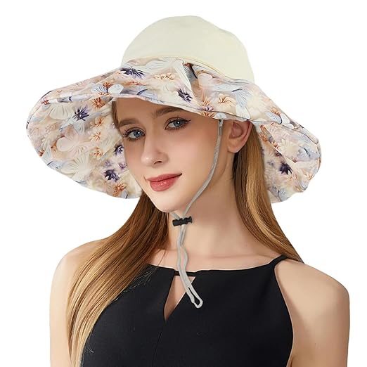 PALAY® Sun Hat for Women Stylish,Beach Hat Hats for Women,Floral Print UV Sun Protection Breathable Fishing (Flexible Wide Brim)