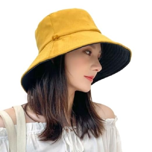 Alexvyan Women Polyester Yellow-Black Bucket Cap Hats Reversible UV & Sun Protection Wide Brim Summer Caps Hat UV Protection Breathable Casual Beach, Large Accessories Hats