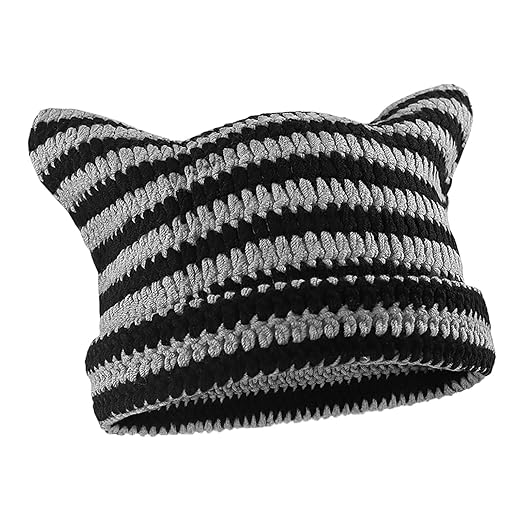 Cat Ear Beanie, Winter Cap Women, Winter Cap For Women – Cute Strippy Knit Hat With Adorable Cat Ears, Soft Slouchy Beanie For Cold Days, Black Gray Mix, Warm Cozy Headwear Gift For Teens & Ladies