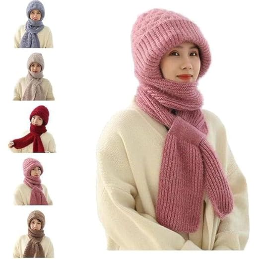 2 in 1 Windproof Scarf With Cap Integrated Ear Guard Hat Plus Velvet, Winter Warm Stole Soft Knitted Beanie Hats Scarf- Fur Cap with Stylish Muffler Woolen Caps for Women & Girls (MULTI- COLOR) Accessories Hats