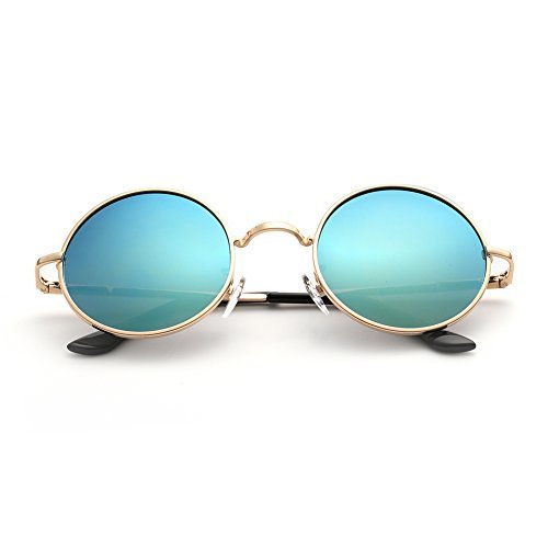 ARZONAI Round Mens & Women Sunglasses Golden Frame, Green Mirror Lens (Medium) Pack of 1 Accessories Sunglasses