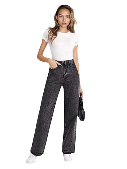 KOTTY Women's High Waist Straight Fit Cotton Blend Denim Jeans|Comfortable Regular Length Casual Jeans for Women Clothing Jeans