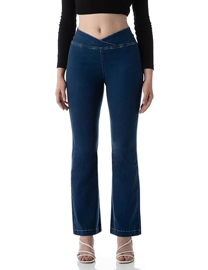 INKD Women's Flared Pull-on Jeans - Mid-Rise| Enzyme Wash | Slant Waistband | Jeans for Women Clothing Jeans