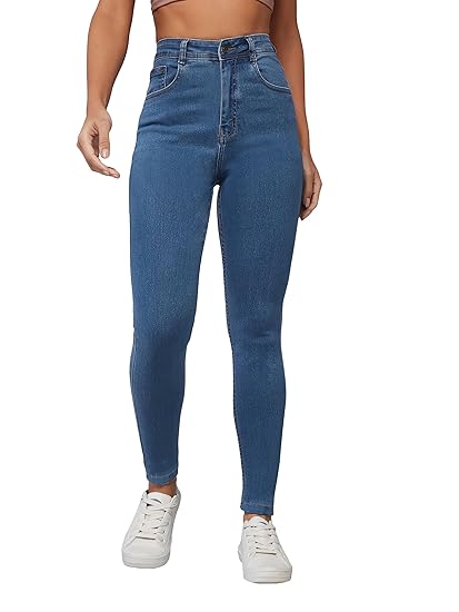 Miss Chase Women's Skinny High Rise Cropped Fringed Hemline Detailing Stretchable Denim Jeans Clothing Jeans
