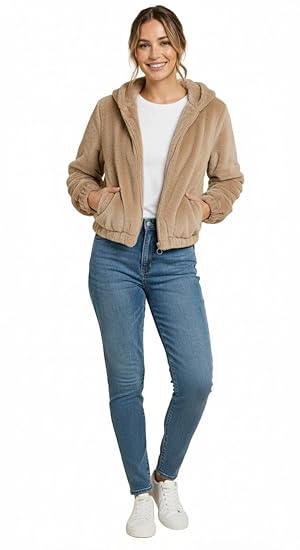 Women's Fuzzy Zip Up crop Hoodie Jacket, Soft Fleece, Front Pockets, Casual Outerwear