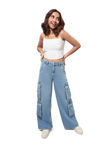 GO COLORS Mostlysane Collection Denim Cargo Pant for Women | Breathable, Mid Rise, 8 Pockets Clothing Jeans