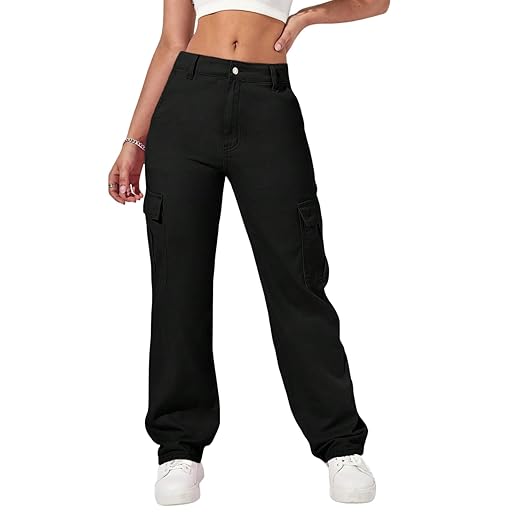 Women’s High-Waisted Cargo Jeans – Stylish 6-Pocket Wide Leg | Casual Trousers for Women & Girls | Comfortable Straight Fit-(Pack of 1) Clothing Jeans