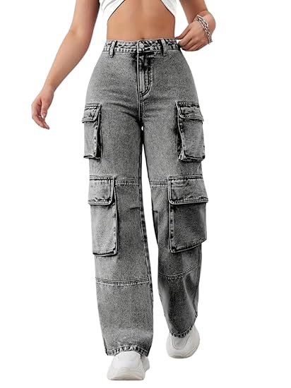 Collection Women Cargo Jeans | High Rise Stretchable Baggy Wide LegDenim| Boyfriend Jeans for Women(WJ-1219) Clothing Jeans
