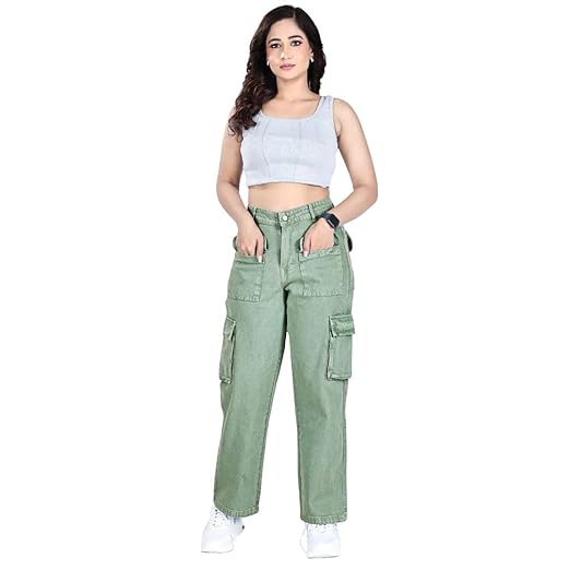 Aurose Women’s High-Waist Green Cargo Jeans with Multi-Pocket Utility Design – Relaxed Straight-Leg Streetwear Denim