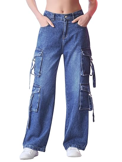 Glossia Fashion Denim Blue Women Cargo Jeans | High Waist Stretchable Wide Leg Loose Fit Denim| Boyfriend Cargo Jeans for Women(WJ-1223) Clothing Jeans