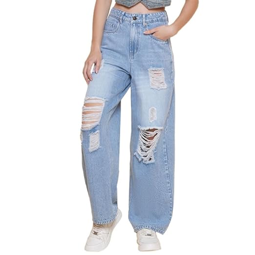 PUELLA Distressed Jeans in Mid Blue Clothing Jeans