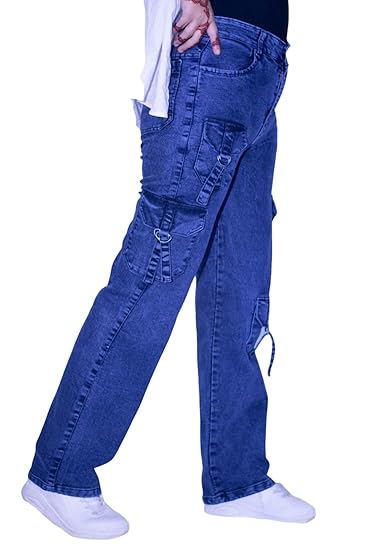 Brand: Lucy The Denim House High Waist Cargo Jeans, Blue Denim, Straight Leg Style with Multiple Utility Pockets, Streetwear Design Clothing Jeans