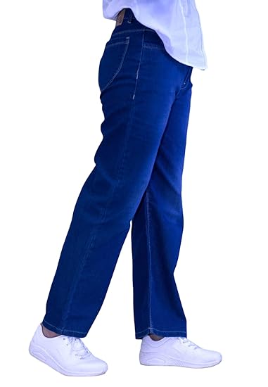 Classic High-Waist Wide Leg Jeans, Dark Blue Denim, Straight Cut, Relaxed Fit Clothing Jeans