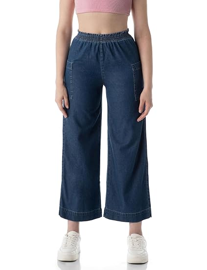 INKD Women's Wide Leg Jeans - High-Rise | 100% Cotton| Enzyme Wash | Elasticated Waistband | Jeans for Women Clothing Jeans