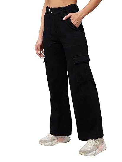 Dolce Crudo Women's Black Wide Leg High Rise Clean Look Regular Stretchable Denim Jeans Clothing Jeans