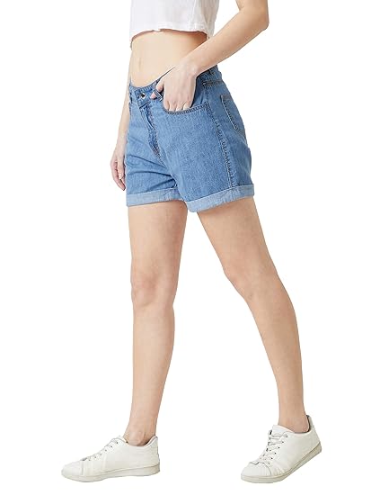 Miss Chase Women's Blue Relaxed Fit Clean Look Regular Length Mid Rise Denim Shorts Clothing Jeans