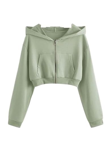 Casual Wear Solid Crop Zipper Jacket Hooded Neck Full Sleeves Hoodie for Women