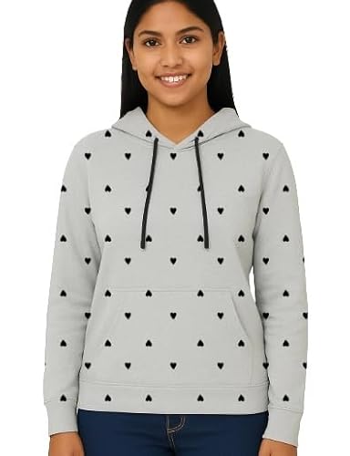 MYO Women’s Printed Hoodie Sweatshirt for Girls & Women – Oversized Stylish Casual Winter Wear, Trendy Printed Design Hooded Sweatshirt, Full Sleeve Cotton Hoodie for Women Grey Clothing Hoodies
