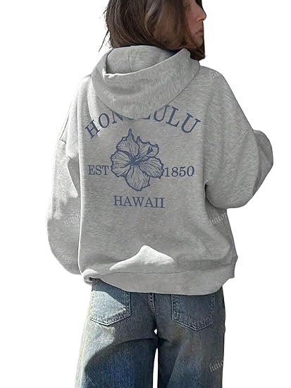 SXV STYLE Honolulu Hawaii Est 1850 Classic Grey Pullover Hoodie with Hibiscus Flower Print, Casual Beach Style Sweatshirt Clothing Hoodies