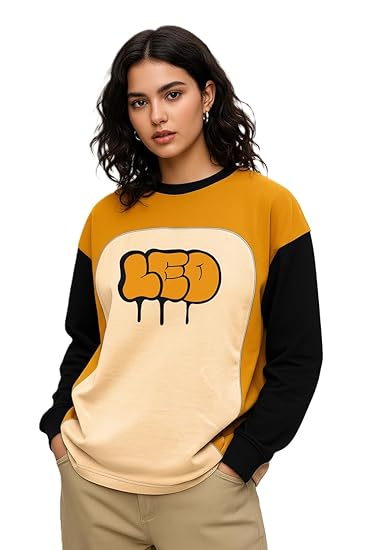 LEOTUDE Full Sleeve Cottonblend Oversized Tshirt for Women, Round Neck Longline Printed Drop Shoulder Colourblocked Baggie Tops for Women (Color: Mustard) Clothing T-Shirts