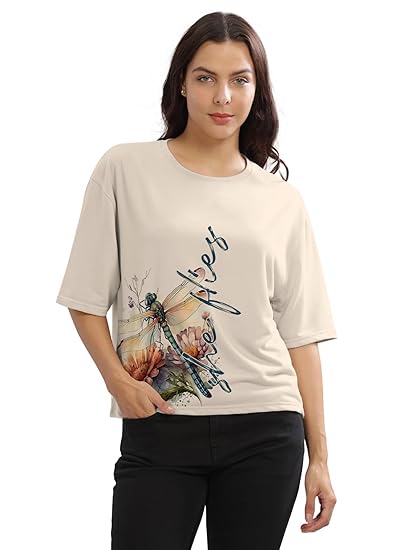 HELLCAT Beige Printed Loose Fit Crew-Neck Crop T-Shirt for Women Clothing T-Shirts